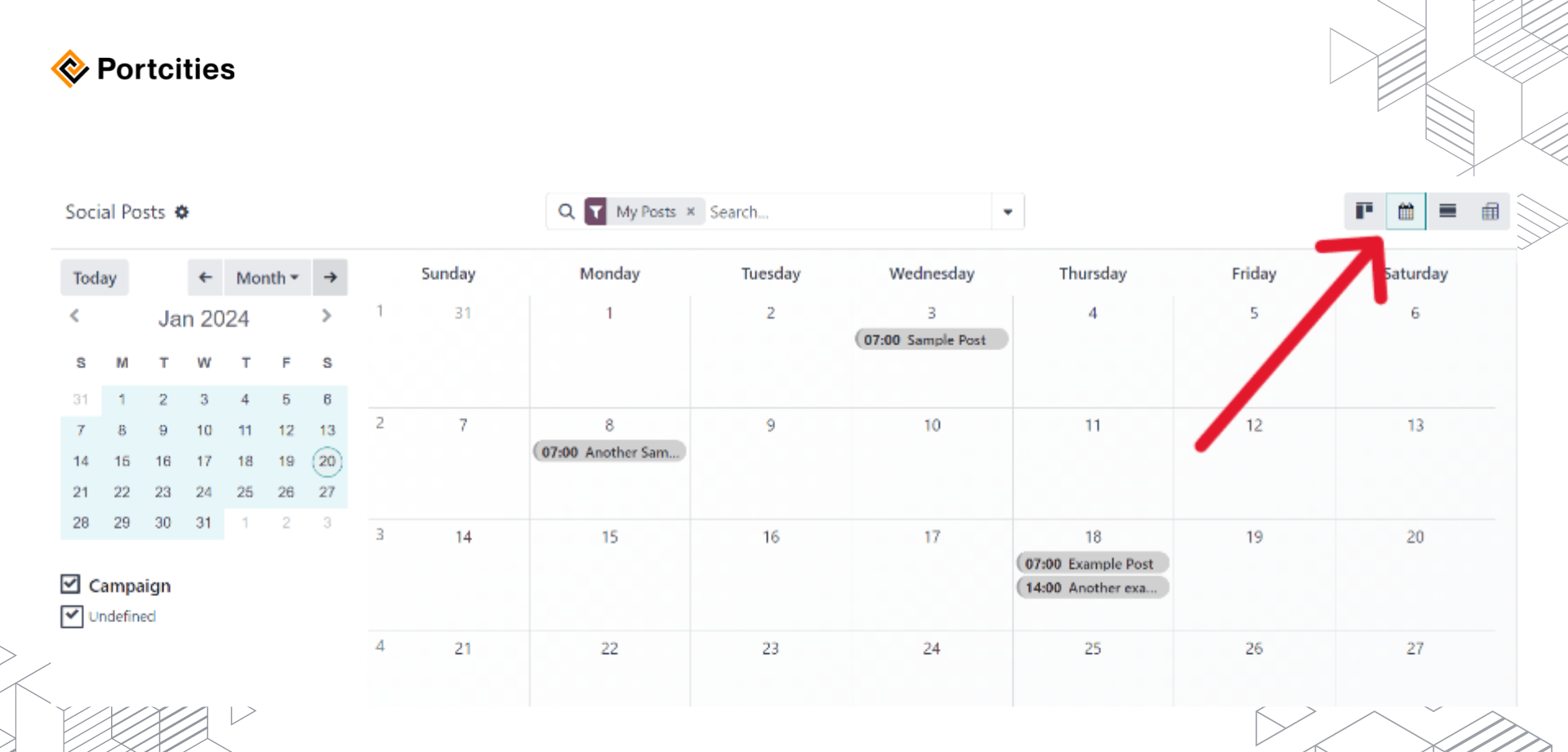 4. ポートシティーズがOdooのソーシャルマーケティングアプリの力を解き放つ：包括的ガイド - Odoo 17におけるソーシャル投稿カレンダービュー